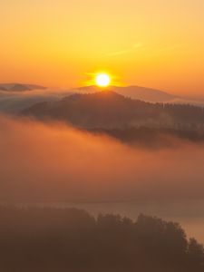 Preview wallpaper sunset, hills, fog, morning, landscape