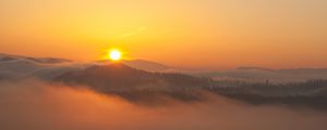 Preview wallpaper sunset, hills, fog, morning, landscape