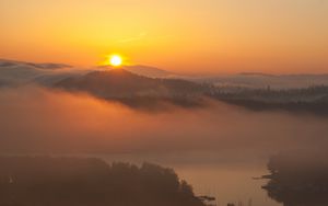 Preview wallpaper sunset, hills, fog, morning, landscape