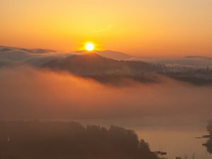 Preview wallpaper sunset, hills, fog, morning, landscape