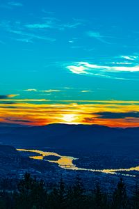 Preview wallpaper sunset, hills, river, valley, aerial view