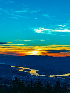 Preview wallpaper sunset, hills, river, valley, aerial view