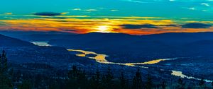 Preview wallpaper sunset, hills, river, valley, aerial view