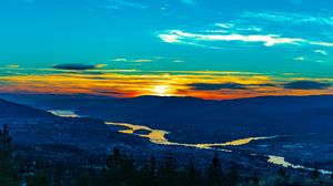 Preview wallpaper sunset, hills, river, valley, aerial view