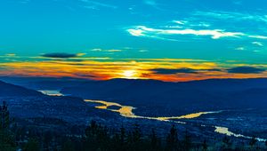 Preview wallpaper sunset, hills, river, valley, aerial view
