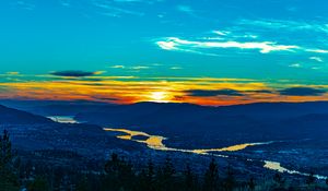 Preview wallpaper sunset, hills, river, valley, aerial view