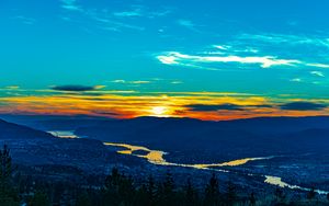 Preview wallpaper sunset, hills, river, valley, aerial view