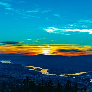 Preview wallpaper sunset, hills, river, valley, aerial view