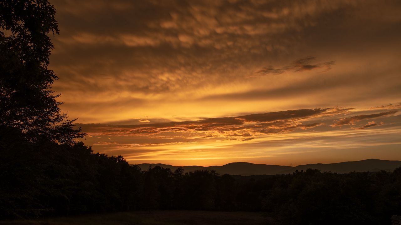 Wallpaper sunset, hills, trees, clouds, sky