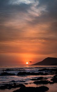 Preview wallpaper sunset, horizon, rocks, sea, birds