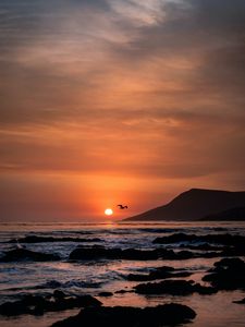 Preview wallpaper sunset, horizon, rocks, sea, birds