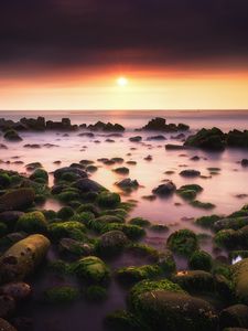 Preview wallpaper sunset, horizon, stones, moss