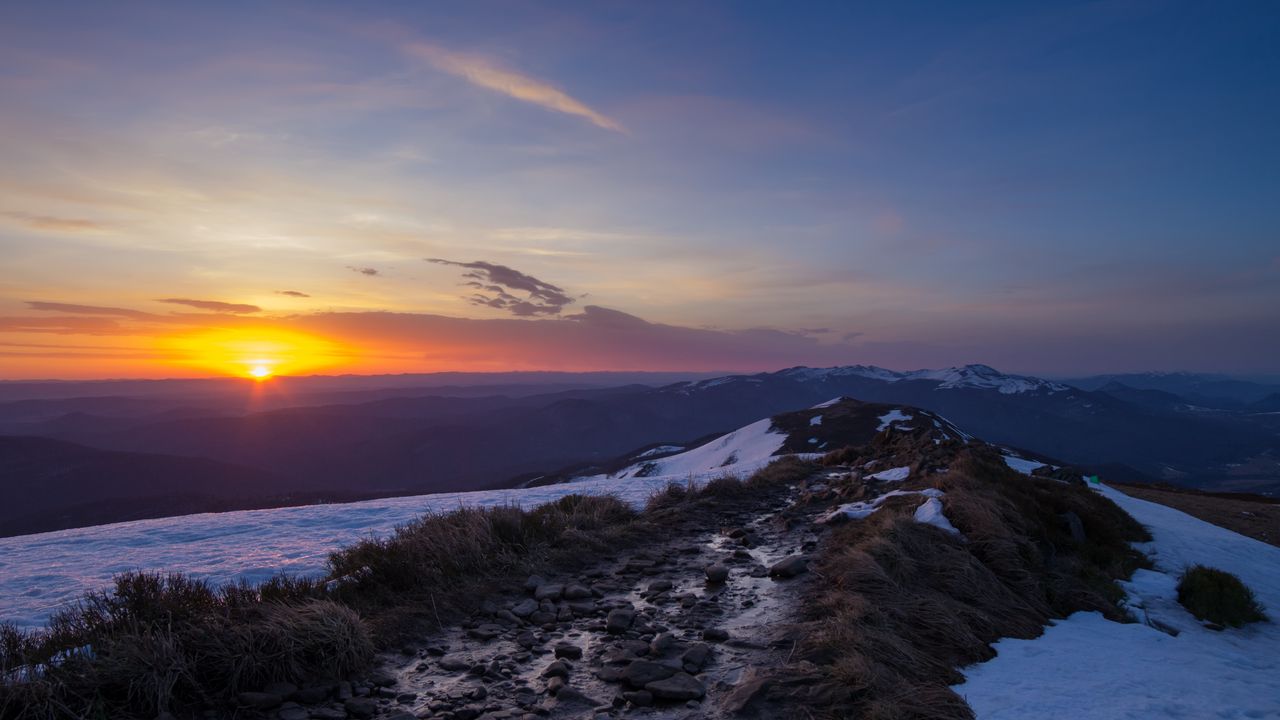 Wallpaper sunset, horizon, sun, snow, snowy, sky