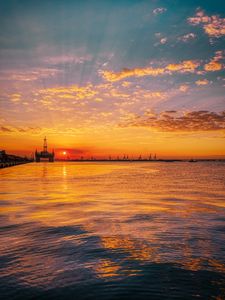 Preview wallpaper sunset, horizon, water surface, pier