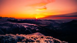 Preview wallpaper sunset, ice, grass, horizon, rocks