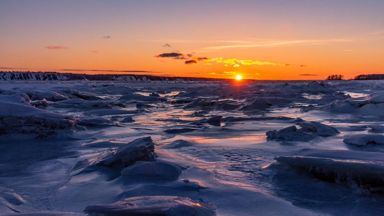 Wallpaper sunset, ice, sea, coast, dusk