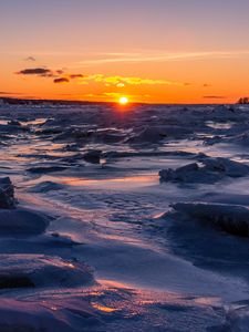 Preview wallpaper sunset, ice, sea, coast, dusk