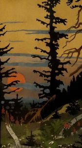Preview wallpaper sunset, ivan bilibin, trees, meadow, grass, sun, art, picture
