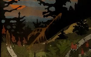 Preview wallpaper sunset, ivan bilibin, trees, meadow, grass, sun, art, picture