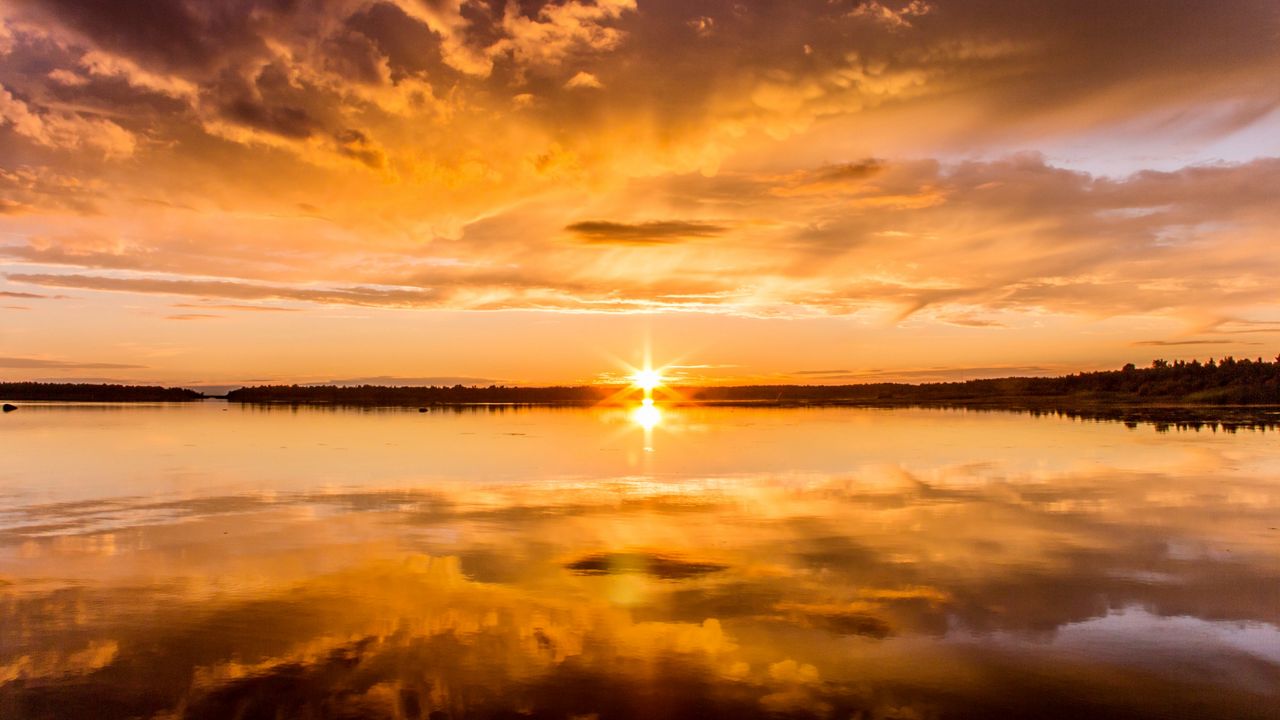 Wallpaper sunset, lake, dusk, water, reflection
