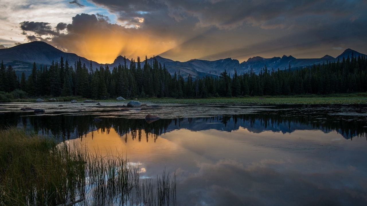 Wallpaper sunset, lake, grass, reflection, mountains