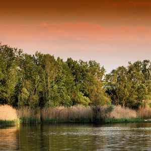 Preview wallpaper sunset, lake, grass, trees