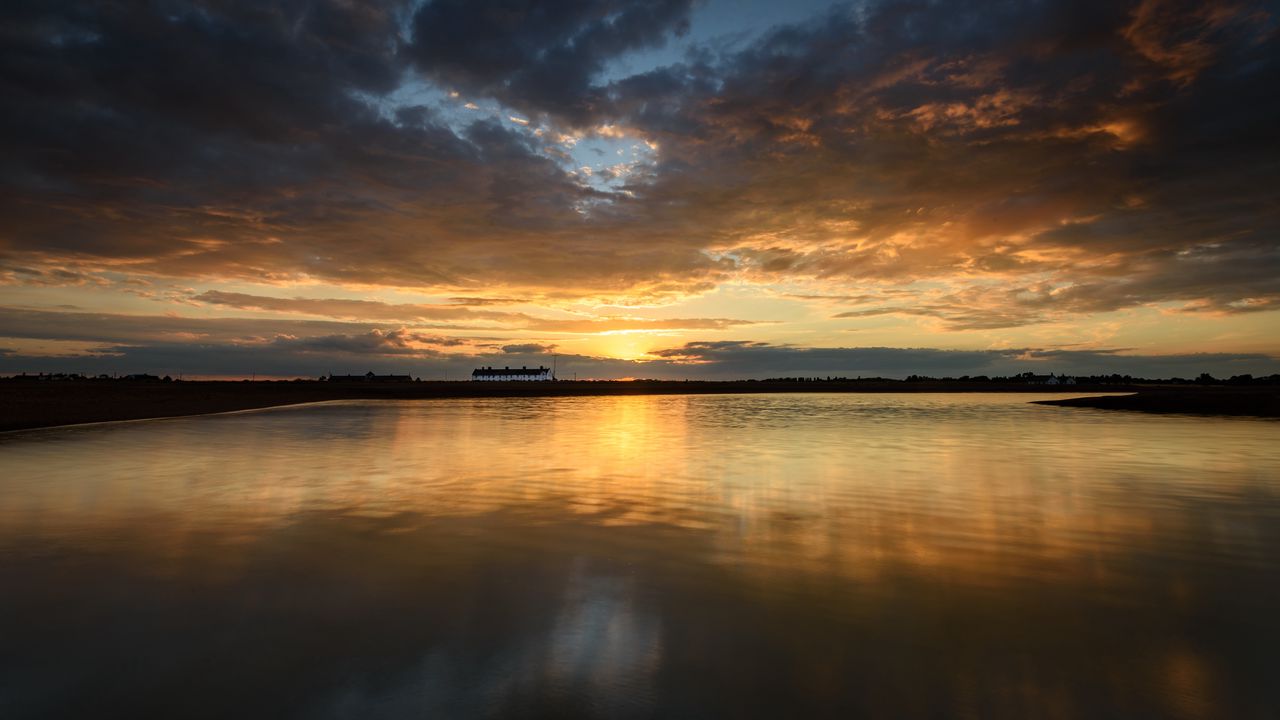 Wallpaper sunset, lake, horizon, glare, sky