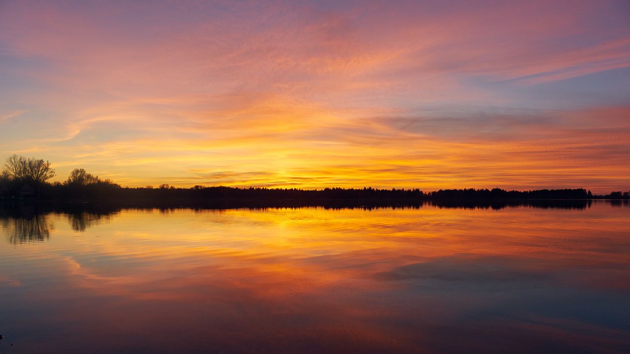 Wallpaper sunset, lake, horizon, sky, reflection