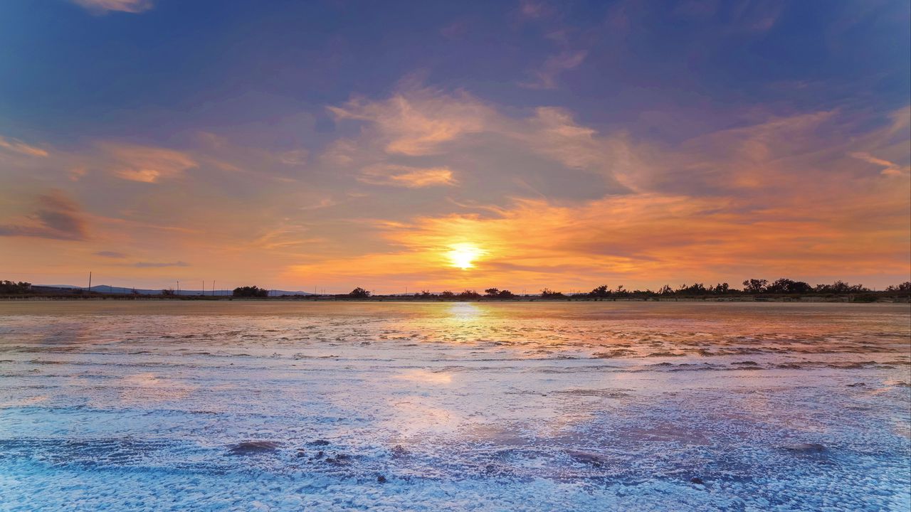 Wallpaper sunset, lake, ice, winter, landscape
