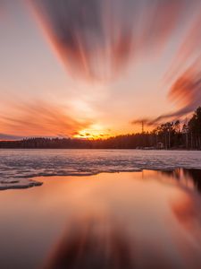 Preview wallpaper sunset, lake, ice, trees, sky
