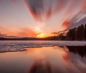 Preview wallpaper sunset, lake, ice, trees, sky