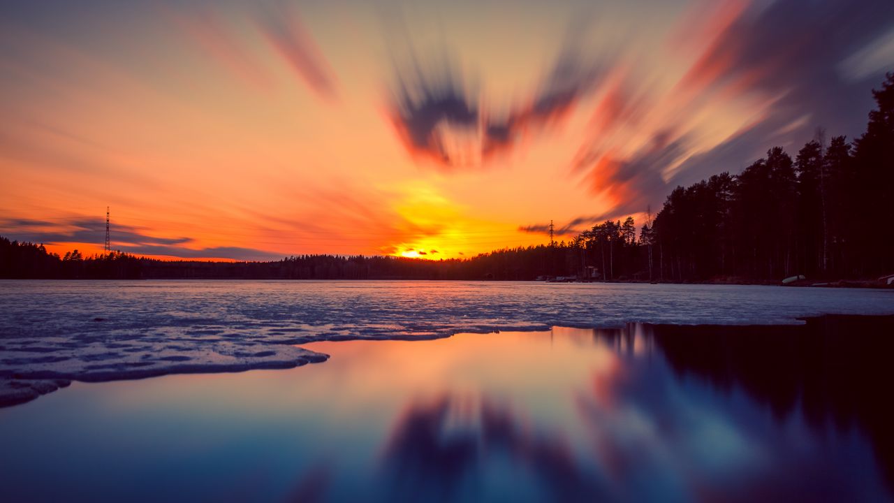 Wallpaper sunset, lake, ice, sky