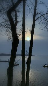 Preview wallpaper sunset, lake, mist, landscape