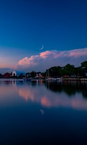 Preview wallpaper sunset, lake, moon, twilight, buildings