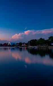 Preview wallpaper sunset, lake, moon, twilight, buildings