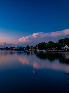 Preview wallpaper sunset, lake, moon, twilight, buildings