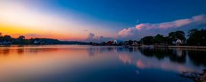 Preview wallpaper sunset, lake, moon, twilight, buildings