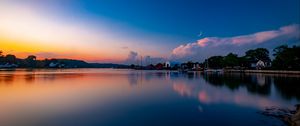 Preview wallpaper sunset, lake, moon, twilight, buildings
