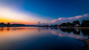 Preview wallpaper sunset, lake, moon, twilight, buildings