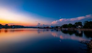 Preview wallpaper sunset, lake, moon, twilight, buildings