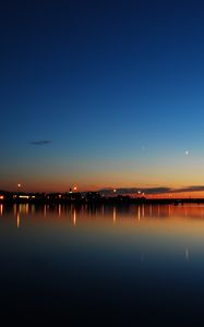 Preview wallpaper sunset, lake, skyline, night city, new brunswick, canada