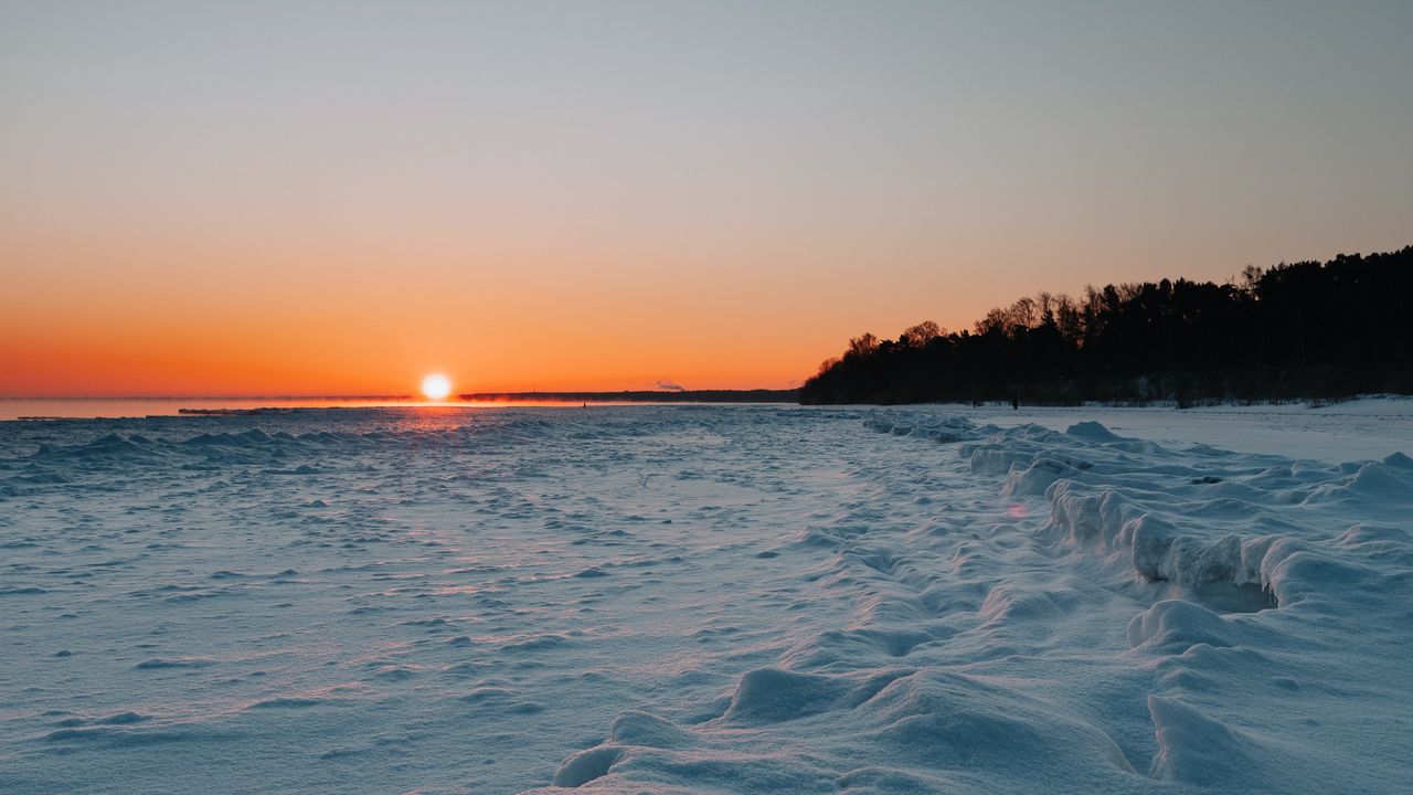 Wallpaper sunset, lake, snow, winter, landscape