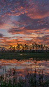 Preview wallpaper sunset, lake, trees, reflection