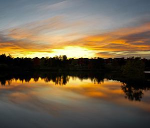 Preview wallpaper sunset, lake, trees, reflection, sky
