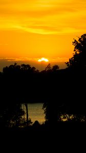 Preview wallpaper sunset, lake, trees, silhouettes, dark