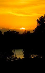 Preview wallpaper sunset, lake, trees, silhouettes, dark