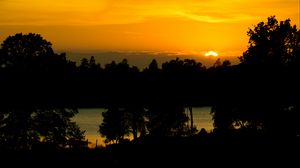 Preview wallpaper sunset, lake, trees, silhouettes, dark