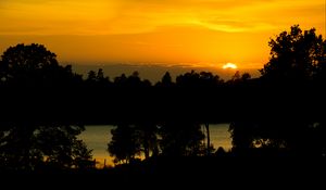 Preview wallpaper sunset, lake, trees, silhouettes, dark