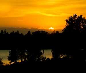 Preview wallpaper sunset, lake, trees, silhouettes, dark