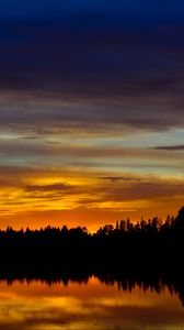 Preview wallpaper sunset, lake, trees, silhouettes, dark, reflection